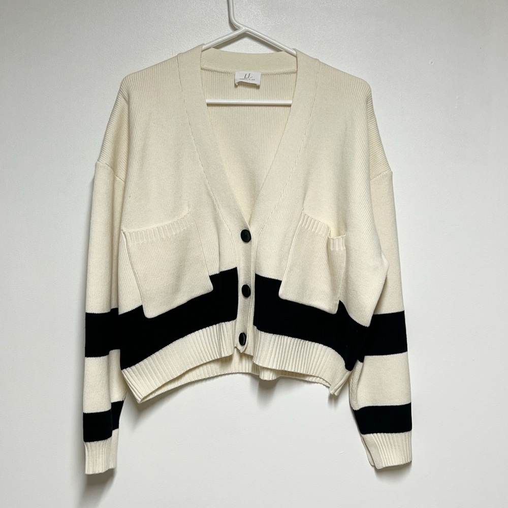 New Bobble & Lace Striped Crop Cardigan Black/Cream Sz L